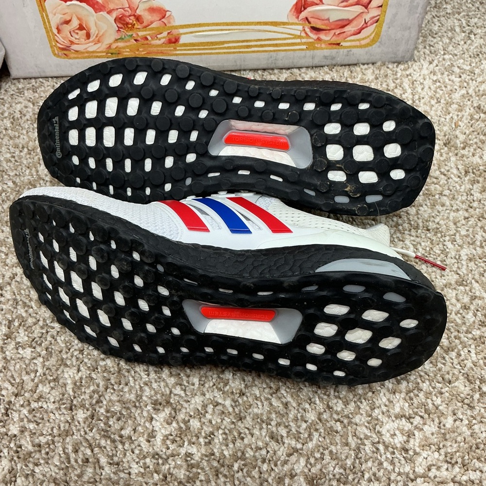 adidas White Sneakers with Red & Blue Stripe Accents - Picture 10 of 12
